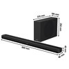 Na zdjęciu znajduje się czarny soundbar oraz subwoofer z widocznymi wymiarami. Soundbar ma długość 900 mm, wysokość 45 mm i głębokość 86 mm, natomiast subwoofer ma wymiary 370 mm x 250 mm x 105 mm. Na obu urządzeniach widoczne jest logo "aiwa".