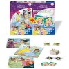 Opakowanie produktu zawiera ilustracje z postaciami z bajek, z napisem "Disney Princess" oraz "memory", a także logo "Ravensburger". Na zdjęciu widoczne są ułożone puzzle z postaciami oraz karty do gry memory.
