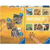 Opakowanie puzzli Ravensburger przedstawia różne dzikie zwierzęta, takie jak tygrysy, zebry i lamparty, z liczbami 25, 36 i 49 na niebieskich elementach puzzli. Po prawej stronie widnieje napis "memory" oraz zdjęcia hipopotamów, kangurów, lwów i szympansó