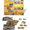 Opakowanie puzzli i gry memory marki Ravensburger przedstawia różne dzikie zwierzęta, takie jak tygrysy, zebry i żyrafy, z oznaczeniami liczby elementów: 25, 36 i 49. Na zdjęciu widoczne są również ułożone puzzle z wizerunkami zwierząt oraz karty do gry m