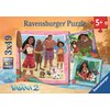 Opakowanie puzzli przedstawia trzy ilustracje z postaciami z filmu "Vaiana 2" na tle tropikalnej scenerii, z napisem "Ravensburger Puzzle" oraz oznaczeniem "3x49" i "5+". Widoczne są również logotypy "Premium Puzzle", "Perfect Age Fit" oraz napis "Disney 