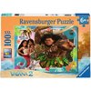 Opakowanie puzzli Ravensburger z motywem z filmu "Vaiana 2" przedstawia kolorową ilustrację z postaciami z filmu oraz napisy: "Ravensburger Puzzle", "6+", "XXL 100", "Premium Puzzle Perfect Age Fit", "Big Sis Little Sis", "Disney Vaiana 2". W tle widoczne