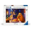 Pudełko puzzli Ravensburger z ilustracją z filmu Disney "Zakochany kundel", przedstawiającą dwie postacie jedzące spaghetti przy świecach. Na opakowaniu widnieje napis "1000 Ravensburger Puzzle" oraz logo Disney.