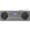 Czarno-szara wieża JVC z dwoma głośnikami po bokach, wyświetlaczem pokazującym tekst "Welcome! Digital Radio" oraz przyciskami funkcyjnymi i pokrętłem głośności. Na panelu znajdują się oznaczenia: "USB", "DAB+", "FM", "Bluetooth" oraz logo JVC.