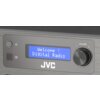 Na zdjęciu widoczny jest panel przedni wieży JVC z wyświetlaczem, na którym znajduje się tekst "Welcome! Digital Radio". Obok wyświetlacza znajduje się pokrętło z oznaczeniem "Volume" oraz logo JVC poniżej.