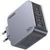 Szara ładowarka sieciowa z logo "UGREEN" i napisem "160W Nexode Pro" posiada cztery porty: trzy USB-C oznaczone jako USB-C1, USB-C2, USB-C3 oraz jeden USB-A. Na obudowie widoczne są również symbole certyfikacyjne i inne oznaczenia techniczne.
