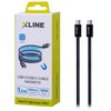 Opakowanie kabla USB-C do USB-C marki XLINE z napisem "USB-C/USB-C CABLE MAGNETIC" oraz informacjami: "1,5m", "480Mb/s Transfer", "100W Power". Obok opakowania widoczny jest szary kabel z nylonowym oplotem i złączami USB-C.