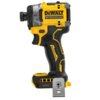 Na zdjęciu znajduje się żółto-czarna zakrętarka udarowa z widocznym logo "DEWALT" oraz napisami "18V XR BRUSHLESS" i "BRUSHLESS" na uchwycie. Urządzenie ma kompaktowy kształt z metalowym elementem z przodu i klipsem na dole.