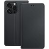 Czarne etui na telefon z klapką, wykonane z materiału o delikatnej fakturze, widoczne z przodu i z tyłu. Na tylnej części etui znajdują się wycięcia na aparat i lampę błyskową.