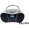Radioodtwarzacz w kolorze srebrnym z wyświetlaczem pokazującym częstotliwość 106.6 MHz, posiada przyciski funkcyjne, porty USB i AUX oraz logo "ELTRA" w prawym dolnym rogu.
