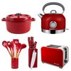 Czerwony zestaw VINTAGE CUISINE (Noże kuchenne ze stojakiem (7 elementów) + Przybory kuchenne VC2KUS20RD11CP (7 elementów) + Garnek VC2P2619BF20CP 26 cm + Czajnik Retro + Toster Retro Chromowany)