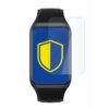Czarny smartwatch z niebieskim ekranem, na którym widoczna jest żółta tarcza, obok której znajduje się przezroczysta folia ochronna. Produkt to "Folia ochronna 3MK Watch Protection ARC do Oppo Band 2".