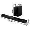 Na zdjęciu widoczny jest czarny soundbar oraz bezprzewodowy subwoofer. Obok urządzeń znajdują się wymiary: soundbar ma 1054 mm długości, 68 mm wysokości i 124 mm głębokości, a subwoofer 275 mm szerokości, 369 mm wysokości i 220 mm głębokości.