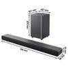 Na zdjęciu znajduje się czarny soundbar oraz bezprzewodowy subwoofer. Obok urządzeń widoczne są wymiary: soundbar ma 810 mm długości, 62 mm wysokości i 98 mm głębokości, a subwoofer ma 327 mm szerokości, 257 mm głębokości i 875 mm wysokości.