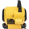 Żółta dmuchawa z czarnym uchwytem i widoczną etykietą z napisem: "DEWALT DXAM2250 Air Mover Class I 220-240V 50Hz 120W 5kg". Na etykiecie znajdują się również symbole certyfikacyjne i ostrzegawcze.