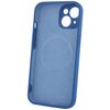 Przedstawione zdjęcie ukazuje niebieskie etui na telefon z wycięciami na aparat i przyciski. Wnętrze etui ma delikatną teksturę i widoczny okrągły wzór, sugerujący miejsce na magnes.