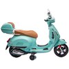 Turkusowy motorek elektryczny z brązowym siedzeniem i bagażnikiem, wyposażony w dodatkowe kółka stabilizujące. Na boku widoczne jest logo "Vespa".