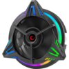 Czarny wentylator CPU z kolorowym podświetleniem RGB w odcieniach niebieskiego, zielonego i fioletowego, z centralnym logo w kształcie czerwonego wiru. Konstrukcja ma trójkątne elementy z dodatkowymi detalami świetlnymi.