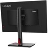Czarny monitor marki Lenovo z serii ThinkVision, widziany od tyłu, z wyraźnie widocznym logo "Lenovo" oraz "ThinkVision". Monitor jest zamontowany na prostokątnej podstawie z pionowym uchwytem, który ma czerwony akcent.