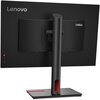 Czarny monitor z logo "Lenovo" i "ThinkVision" na tylnej obudowie, zamontowany na prostokątnej podstawie z czerwonym akcentem. Monitor posiada smukły, pionowy uchwyt z otworem na kable.