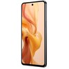 Na zdjęciu widoczny jest smartfon z dużym ekranem, na którym wyświetlany jest abstrakcyjny, pomarańczowy wzór. Obudowa urządzenia jest czarna, a na górze ekranu znajduje się mały otwór na kamerę.