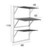 Ilustracja przedstawia schemat suszarki na pranie z trzema poziomymi półkami, z wymiarami: wysokość 119 cm, szerokość 68 cm, głębokość górnej półki 45 cm i środkowej 63 cm. Konstrukcja jest wsparta na trójkątnych wspornikach.