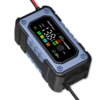 Na zdjęciu znajduje się inteligentna ładowarka z wyświetlaczem, na którym widoczne są informacje: "Qoltec", "12V", "SMART BATTERY CHARGER", oraz różnokolorowe ikony i napisy takie jak "AGM", "GEL", "STD", "LIFEPO4". Obudowa ładowarki jest w kolorze czarny