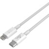 Na zdjęciu znajduje się kabel USB-C - Lightning o długości 1 metra z plecionym oplotem, z widocznymi złączami. Na jednym z końców kabla widnieje logo producenta oraz oznaczenie "20W".