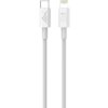 Na zdjęciu widoczny jest biały kabel z dwoma różnymi złączami: USB-C i Lightning. Na jednym złączu znajduje się logo z literą "M", a na drugim napis "20W".