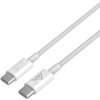 Na zdjęciu widoczny jest biały kabel USB-C do USB-C z plecionym oplotem, zakończony dwoma wtyczkami. Na jednej z wtyczek znajduje się logo z literą "M" oraz symbol "65W".