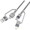 Na zdjęciu znajduje się szary kabel z trzema różnymi końcówkami: USB-A, USB-C i Lightning, z plecionym oplotem. Na wtyczce USB-A widoczne jest logo w kształcie litery "V".