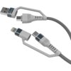 Na zdjęciu znajduje się szary kabel z końcówkami USB-C, USB-A oraz Lightning, z plecionym oplotem. Na jednej z końcówek widoczne jest logo z literą "M".