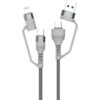 Na zdjęciu znajduje się szary kabel z trzema różnymi końcówkami: USB-C, USB-A oraz Lightning, z plecionym przewodem. Na wtyczce USB-A widoczne jest logo producenta.