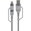 Na zdjęciu znajduje się kabel z dwoma różnymi końcówkami: USB-C/USB-A oraz USB-C/Lightning, z szarym oplotem i wzmocnionymi złączami. Na jednym z złączy widoczne jest logo producenta w postaci stylizowanej litery "M".