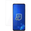 Na zdjęciu znajduje się smartfon z niebieskim ekranem, na którym widoczna jest ikona tarczy z krzyżem i symbolem wirusa. Obok telefonu umieszczona jest przezroczysta folia ochronna, która jest przeznaczona do modelu Oppo A3 Pro 5G/Energy.