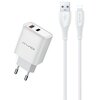 Biała ładowarka sieciowa z dwoma portami, jednym USB-A i jednym USB-C, oraz białym kablem z końcówkami USB i Lightning. Na ładowarce widoczne jest logo "awei".