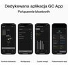Cztery smartfony wyświetlają różne ekrany aplikacji GC App, pokazując funkcje takie jak kontrola ładowania, konfiguracja, zużycie energii i podsumowanie sesji. Nad telefonami widnieje tekst: "Dedykowana aplikacja GC App Połączenie bluetooth".