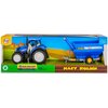 Opakowanie zawiera model traktora w kolorze niebieskim z białymi kołami oraz niebieską przyczepę przeładowczą, z napisem "Farmer" i "B1" na boku. Na opakowaniu widnieją napisy: "Daffi", "New Holland Agriculture T5.120", "Mały Rolnik" oraz "Skala 1:32".