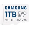 Biała karta pamięci z niebieskim napisem "SAMSUNG 1TB EVO Plus" oraz szarymi oznaczeniami "microSDXC I", "U3", "A2" i "V30". Produkt oferowany jest w sklepie Media Expert.