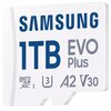 Biała karta pamięci z niebieskim napisem "SAMSUNG" oraz dużym oznaczeniem pojemności "1TB" w kolorze niebieskim. Dodatkowe oznaczenia to "EVO Plus", "microSDXC I", "U3", "A2" i "V30" w kolorze szarym.