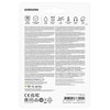 Opakowanie karty pamięci zawiera logo "SAMSUNG" oraz ikony przedstawiające cechy produktu, takie jak 10-letnia gwarancja, wodoodporność, odporność na zużycie, promieniowanie rentgenowskie, temperaturę, magnesy i upadki. Tekst na opakowaniu informuje o poj
