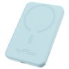Niebieski powerbank o prostokątnym kształcie z zaokrąglonymi rogami, na którym widoczny jest okrągły wzór sugerujący funkcję magnetyczną. Na powierzchni znajduje się tekst: "Manufacturer: Shenzhen Baseus Technology Co., Ltd. Made in China SN: TYH230601" o
