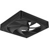 Czarny wentylator komputerowy z logo "NZXT" na obudowie, widoczny z perspektywy ukazującej łopatki i ramę. Produkt ma kwadratowy kształt z zaokrąglonymi rogami i otworami montażowymi.