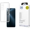 Przezroczyste etui na telefon jest pokazane obok opakowania z logo "3mk" i żółtą naklejką "Military Grade". Na opakowaniu widnieje napis "Clear Case" oraz "Premium back protection".