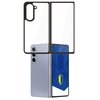 Przezroczyste etui 3MK Satin Armor Case+ do Samsung Galaxy Z Fold 5 jest pokazane na tle otwartego telefonu, z widocznymi trzema aparatami i ekranem z niebieskim tłem oraz żółto-niebieską tarczą. Etui ma wycięcia na aparaty i jest zaprezentowane w pozycji
