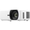 Biały projektor z dużym obiektywem i kratką wentylacyjną na obudowie. Produkt to "Projektor VIEWSONIC Luminous Superior LS740W WXGA (1280 x 800), 5000 ANSI lumen".