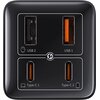 Czarna ładowarka sieciowa z czterema portami: dwoma USB oznaczonymi jako "USB 1" i "USB 2", oraz dwoma portami Type-C oznaczonymi jako "Type-C 1" i "Type-C 2". Na środku znajduje się symbol błyskawicy, a obok portów widoczne są ikony sugerujące ich przezn