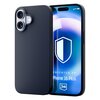 Grafitowe etui silikonowe na telefon z widocznymi wycięciami na aparat i przyciski. Na ekranie telefonu widoczny jest niebieski ekran z białą tarczą oraz tekst: "DEDICATED TO: iPhone 16 Plus" i logo "3mk".