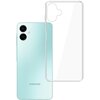 Na zdjęciu widoczny jest przezroczysty futerał na telefon, obok którego znajduje się tył telefonu w kolorze jasnoniebieskim z dwoma aparatami i logo "Samsung".
