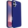 Na zdjęciu widoczne jest granatowe etui na telefon z dwoma otworami na aparaty oraz przyciskiem bocznym. W tle widać ekran telefonu z gradientowym tłem w odcieniach różu i fioletu.